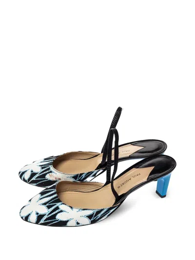 Pre-owned Paul Andrew  65mm Celestine Floral-print Slingback Pumps In Black
