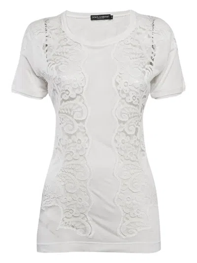 Pre-owned Dolce & Gabbana Lace-embroidered Short-sleeve T-shirt In White