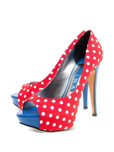 Pre-owned Gina Polka-dot Open-toe Platform Heels In Red