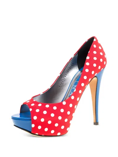 Pre-owned Gina Polka-dot Open-toe Platform Heels In Red