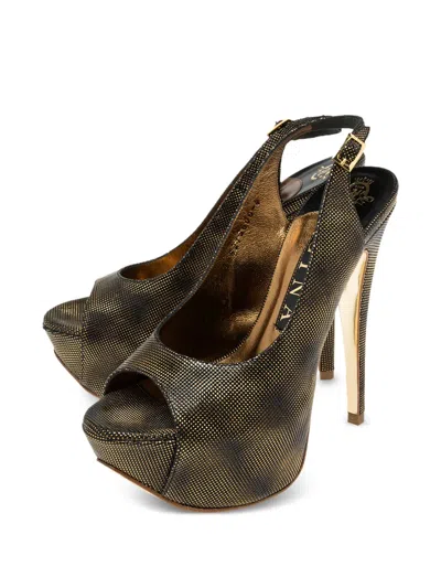 Pre-owned Gina 140mm Textured Sandals In Brown