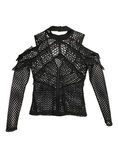Pre-owned Self-portrait Cut-out Mesh Long-sleeve T-shirt In Black