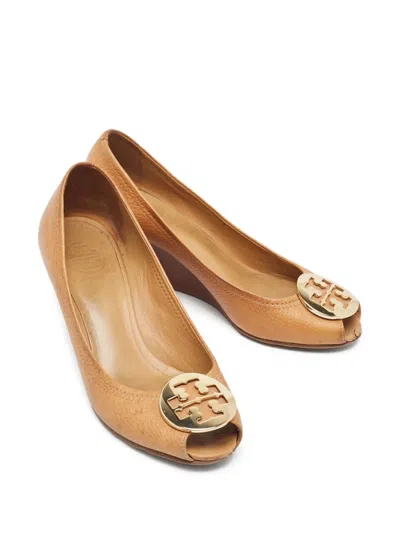 Pre-owned Tory Burch  100mm Sally Peep-toe Wedge Pumps In Neutral
