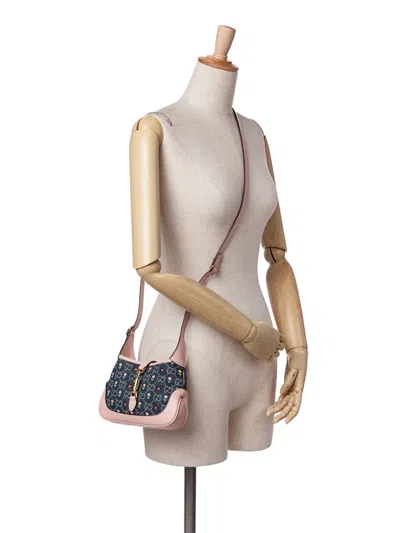 Pre-owned Gucci 2016-2024 Limited Edition Mini Gg Embroidered Denim Floral Jackie 1961 Crossbody Bag