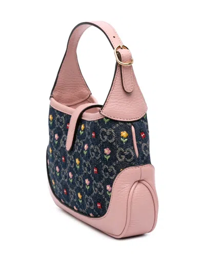 Pre-owned Gucci 2016-2024 Limited Edition Mini Gg Embroidered Denim Floral Jackie 1961 Crossbody Bag