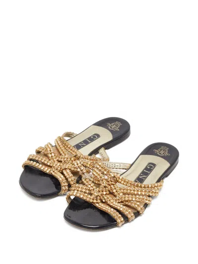 Pre-owned Gina  Beaded Strappy Sandals In Gold