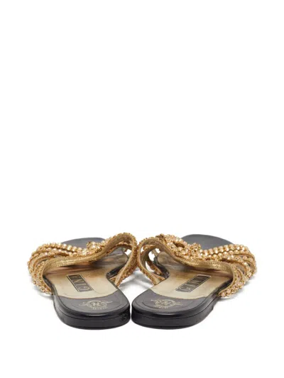 Pre-owned Gina  Beaded Strappy Sandals In Gold