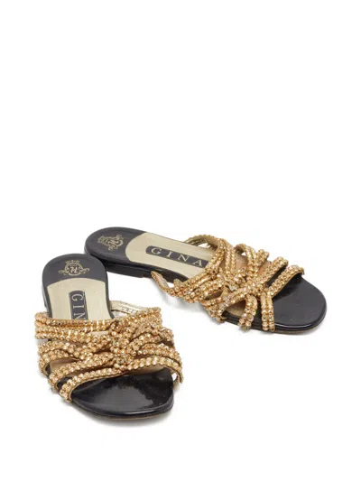 Pre-owned Gina  Beaded Strappy Sandals In Gold