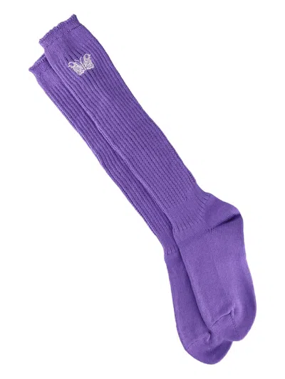 Needles Butterfly-embroidered Ribbed Socks In Blue