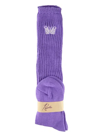 Needles Butterfly-embroidered Ribbed Socks In Blue