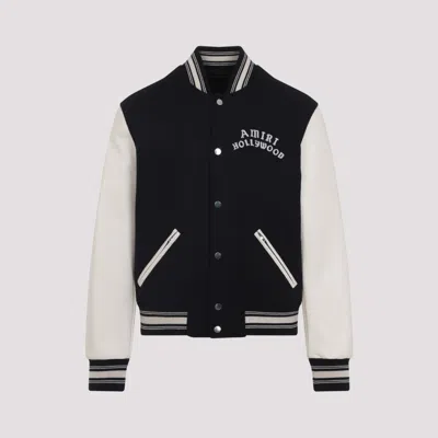 Amiri Tailored Black Wool Blend Varsity Jacket With Embroidered Details In Gray