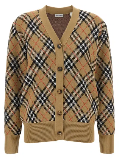 Burberry Check V-neck Cardigan In Wool And Mohair Blend In Brown