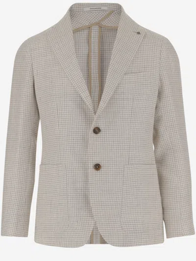 Tagliatore Linen Blend Single-breasted Jacket With Houndstooth Pattern In Neutral