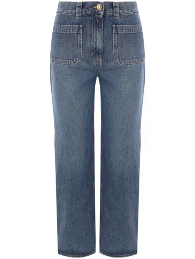 Elisabetta Franchi Cropped Mid-rise Jeans With Patch And Flap Pockets In Blue