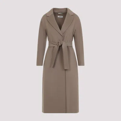 Max Mara Nude Wool Coat With Tailored Silhouette And Belted Waist In Brown