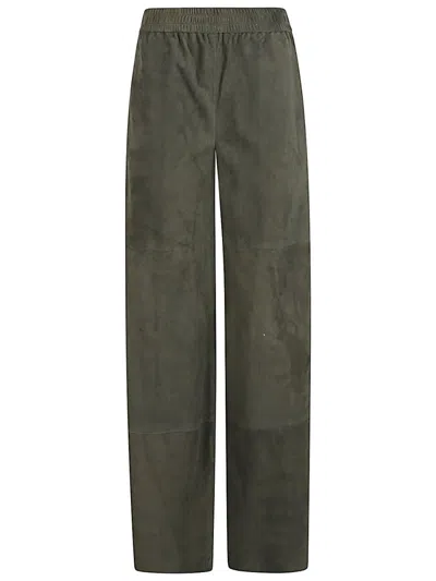 Via Masini 80 Dark Green Suede Leather Trousers In Green