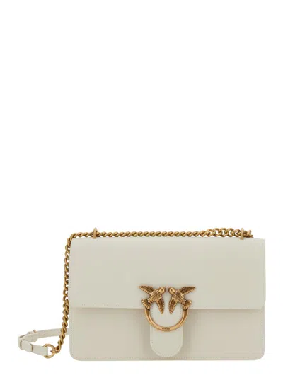 Pinko Leather Shoulder Bag With Metal Love Birds Buckle In Neutral