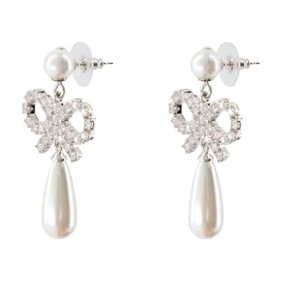 Self-portrait Pearl Bow Droplet Earrings In White