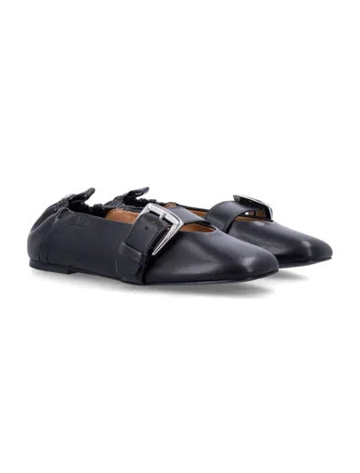 Ganni Buckle Strap Ballerinas With Rounded Square Toe In Blue