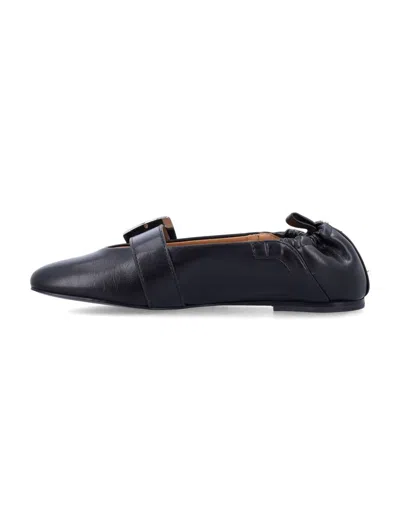Ganni Buckle Strap Ballerinas With Rounded Square Toe In Blue