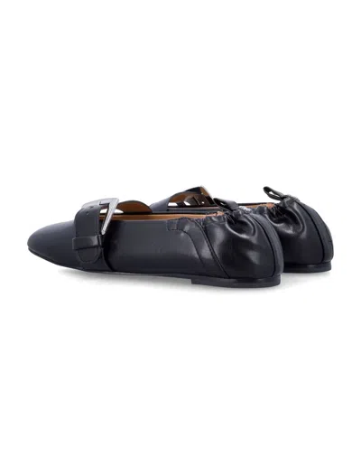 Ganni Buckle Strap Ballerinas With Rounded Square Toe In Blue