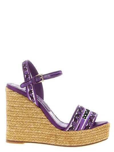 Dolce & Gabbana Violet Wedges With Logo Embroidery On The Front And All-over Majolica Motif In Cotton Blend Woman In Purple