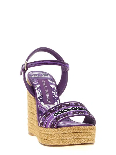 Dolce & Gabbana Violet Wedges With Logo Embroidery On The Front And All-over Majolica Motif In Cotton Blend Woman In Purple