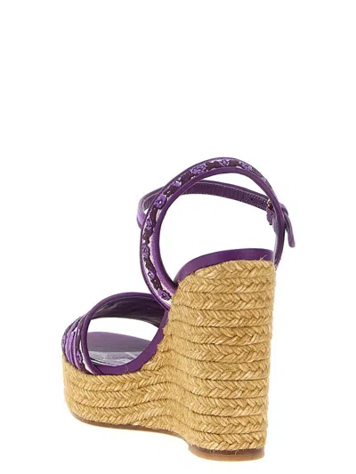 Dolce & Gabbana Violet Wedges With Logo Embroidery On The Front And All-over Majolica Motif In Cotton Blend Woman In Purple