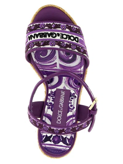 Dolce & Gabbana Violet Wedges With Logo Embroidery On The Front And All-over Majolica Motif In Cotton Blend Woman In Purple