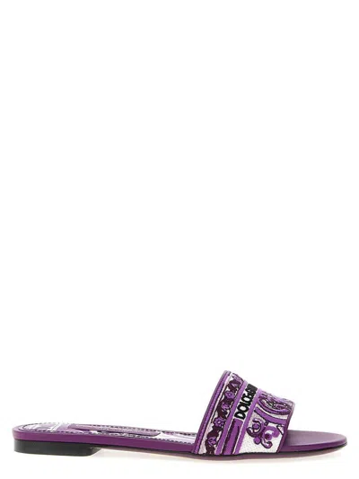 Dolce & Gabbana Violet Sandals With Logo Embroidery On The Front And All-over Majolica Motif In Cotton Blend Woman In Purple