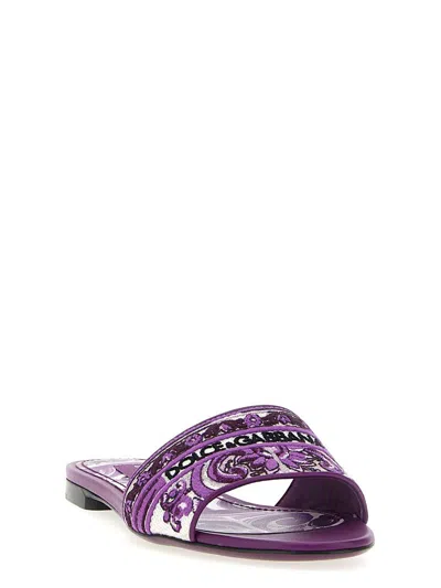 Dolce & Gabbana Violet Sandals With Logo Embroidery On The Front And All-over Majolica Motif In Cotton Blend Woman In Purple