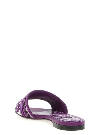 Dolce & Gabbana Violet Sandals With Logo Embroidery On The Front And All-over Majolica Motif In Cotton Blend Woman In Purple