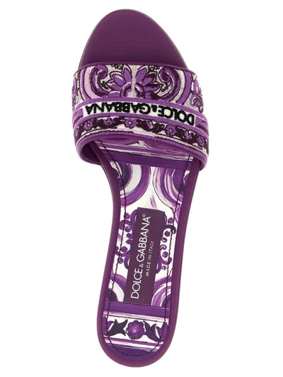 Dolce & Gabbana Violet Sandals With Logo Embroidery On The Front And All-over Majolica Motif In Cotton Blend Woman In Purple