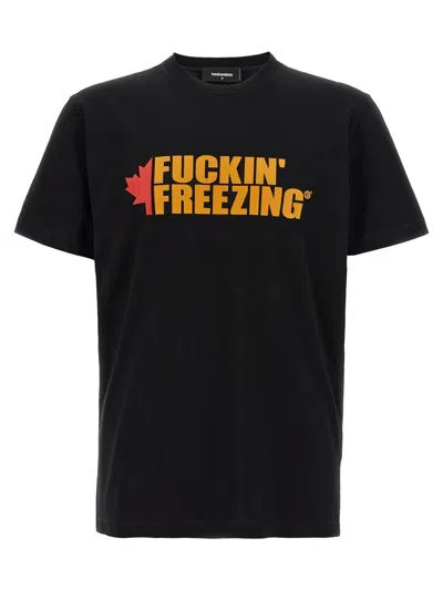 Dsquared2 Black Crewneck T-shirt With Print On The Front And Logo Lettering On The Rear In Cotton Man In Black