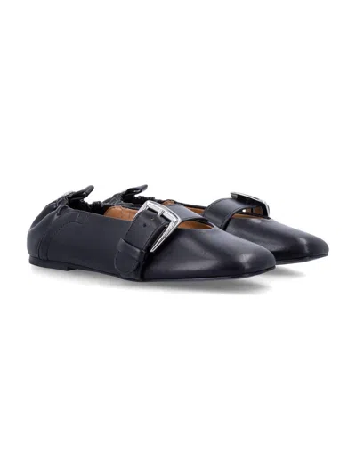 Ganni Buckle Strap Ballerinas With Rounded Square Toe In Blue