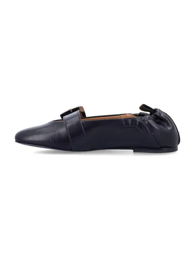 Ganni Buckle Strap Ballerinas With Rounded Square Toe In Blue