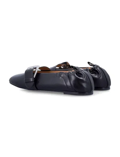 Ganni Buckle Strap Ballerinas With Rounded Square Toe In Blue
