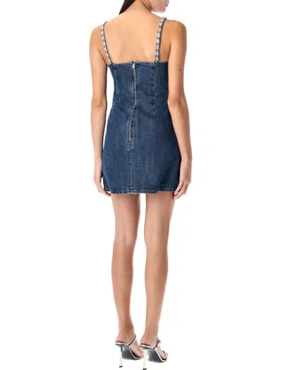 Self-portrait Blue Mini Dress With Bow Detail On The Front And Crystal Embellishment In Denim Woman In Blue