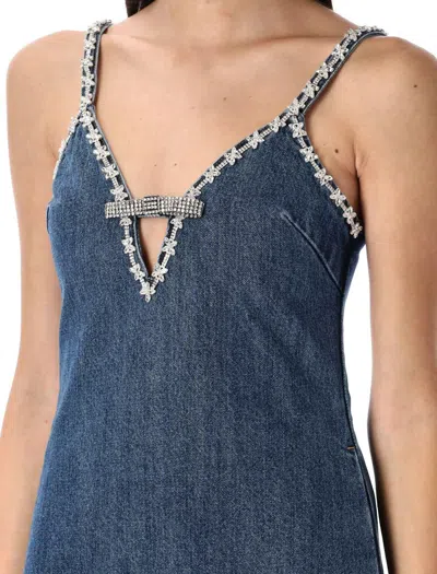 Self-portrait Blue Mini Dress With Bow Detail On The Front And Crystal Embellishment In Denim Woman In Blue