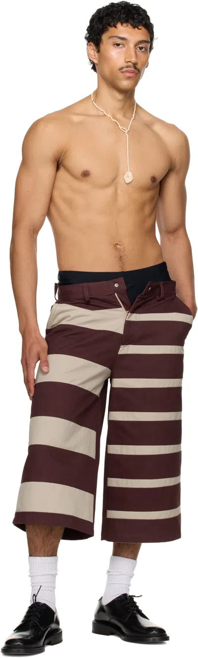 Stanley Raffington Ssense Exclusive Burgundy & Beige Contrast Stripe Bermuda Shorts
