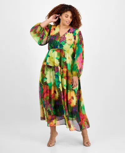 Robbie Bee Plus Size V-neck Tiered Maxi Dress In Multi