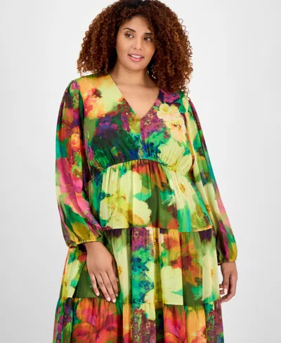 Robbie Bee Plus Size V-neck Tiered Maxi Dress In Multi