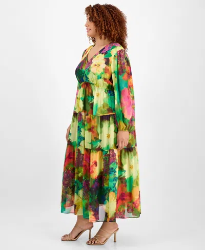 Robbie Bee Plus Size V-neck Tiered Maxi Dress In Multi
