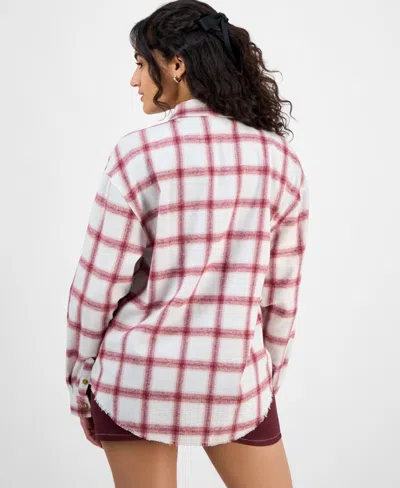 Just Polly Juniors' Girlfriend Frayed-hem Plaid Shirt In Multi