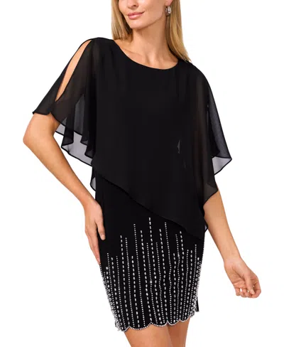 Msk Petite Embellished Cape-overlay Shift Dress In Black