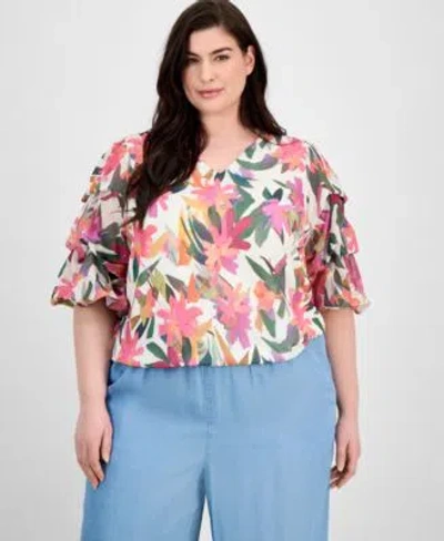 Vince Camuto Plus Size Printed Bubble Blouse Drawstring Pants
