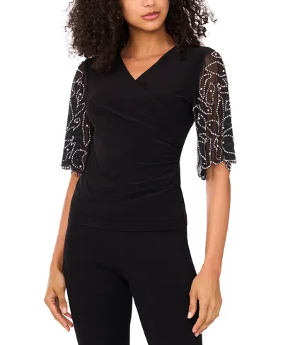 Msk Petite Short-sleeve V-neck Top In Black