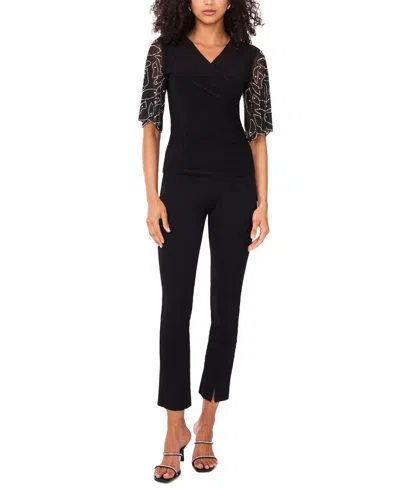 Msk Petite Short-sleeve V-neck Top In Black