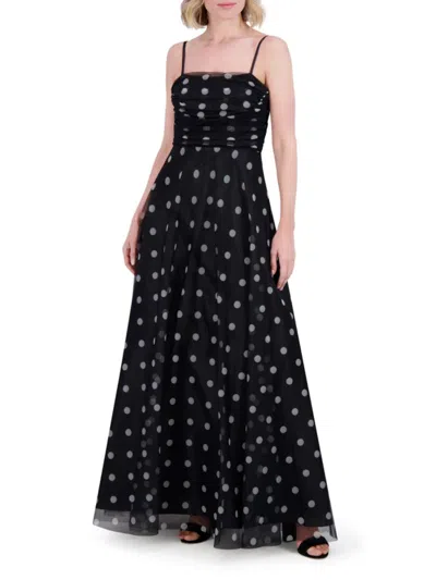 Eliza J Polka Dot Ruched Chiffon Gown In Black