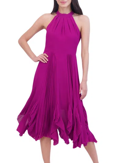 Eliza J Halter Pleated Ruffle Trim Dress In Purple